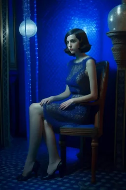 masterpiece, highest quality, artistic photograph, beautiful arab woman, petite, flawless, pearl colored skin, (healthy) peaceful complexion, stylish short pencil dress, blue, seductive, allure, elegant surroundings, stunning lighting, breathtaking composition, stockings, high heels)), Fujifilm xt3 by (petra collins|roe ethridge, elllen von unwerth, Jan Saudek)