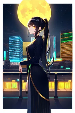 girl, masterpiece, best quality, cinematic lighting, detailed outfit, perfect eyes, black hair, golden eyes, long hair, ponytail, girl standing in a modern cityscape at night with a bright yellow moon in the background, detailed cityscape illustration, neon lights, vibrant colors, dramatic lighting,