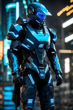 cyberpunk, neon blue, high technology, geometric figures, orbiting figures, cyberpunk suit, black and blue, epic, rain, neon blue suit, geometric figures orbiting around suit, exosuit, technological armour, a person wearing technological armour, cyberpunk armour, detailed armour, male