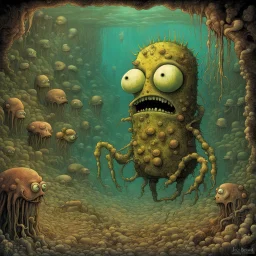 Surreal mutant decayed SpongeBob Squarepants monstrosity, 'he lives in a nightmare under the sea', alternate zombie SpongeBob and Squidward, by Zdzislaw Beksinski, by Jack Davis, by Dave Kendall, sinister unnatural comix underwater landscape, surrealist horror art, creepy eerie dystopian.