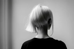 Mujer rubia de espaldas, retrato primer plano., iluminada desde desde el rostro hacia la cára, al estilo de la foto del fotógrafo Hugo Alonso. Imagen en blanco y negro vaporoso