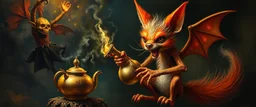fuzz sponge tube gremlin fox demon in the astral realm with a tea kettle, painted by Rembrandt