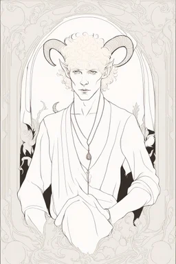 young satyr male albino alchemist with goat horns in the style of Aubrey Beardsley