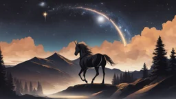 A night sky seen from the bottom of a deep valley. an exploding star filling the sky. a black unicorn.