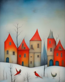 dance of snow-covered, whimsical, multicoloured houses of incredible architecture, bizarre Christmas trees and red, whimsical birds. Style of Inge Shuster, Catherine Hyde, Erica Hopper, Gabriel Pacheco, Jamie Heiden, Antoine Josse , Angelina Wrona, Duy Huyn, Cecilia Frigati, Esao Andrews. Abstract background with texture, grunge paper, mixed media art,acrylic, oil pastel, set of charcoal with different characteristics, pigments. Promt©valestok. Full size image, no text, no copyright. Modifiers: