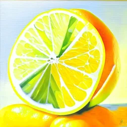 painting of a slice of citrus fruits, lemon, lime, oranges, realistic, acrylic paint