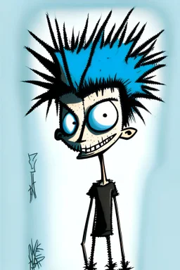 2d drawing of a stickman, cool with punk hair, x eyes like hangman, standing with back to camera, smiling,close-up ,3d realistic in colour