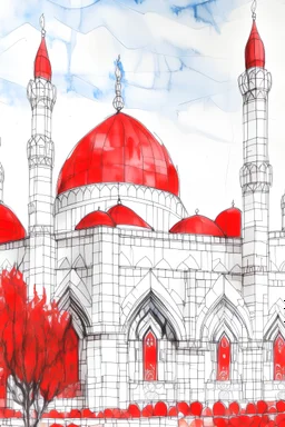 White stone mosque with two red-colored minarets in van Gogh style