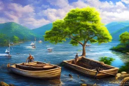 higly-detailed, epic landscape, river, highly detailed, perfect lighting, perfect composition, 4 k, artgerm, hudson river scool, big old tree, sunny day, large sea, boats, spiders