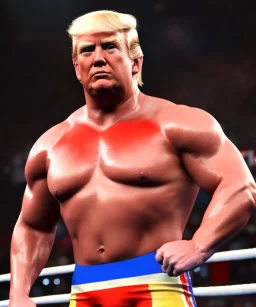 Realistic image of Donald trump wrestler, Mexican wrestling style, eye line, red and blue breeches, glow us flag dress, suspenders, retro style, 80s, vibrant color, highly detailed, clean background, concept art, unreal engine 5, god rays, ray tracing, RTX, lumen lighting, ultra detail, volumetric lighting, 3d, finely drawn, high definition, high resolution.