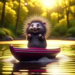 cute blessed freedom statue porcupine jumping in a rubber boat in the river,catching a big fish in a river stream, 8k, downlight, soft light, depth of field, photorealism, trending on art station, lotsa detail