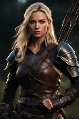 blonde female hunter with a bow wearing leather half armour dark fantasy Realistic 4k