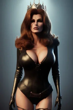 Raquel Welch as evil queen in black leather, leather, busty, cleavage, angry, stern look. character design by cory loftis, fenghua zhong, ryohei hase, ismail inceoglu and ruan jia. unreal engine 5, artistic lighting, highly detailed, photorealistic, fantasy