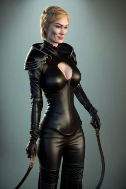 Cersei Lannister as evil dominatrix in black leather and high heeled boots, mistress, busty, cleavage, curvy, lena headay, angry, stern look. character design by cory loftis, fenghua zhong, ryohei hase, ismail inceoglu and ruan jia. unreal engine 5, artistic lighting, highly detailed, photorealistic, fantasy