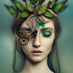 karlan, plant metal, feathers, Dryad, looking sideways, butterflies, nature, plants, flower background, face tattoo, intricate, oil on canvas, masterpiece, expert, insanely detailed, 4k resolution, cute big circular reflective eyes, cinematic smooth, intricate detail, soft smooth lighting, painted Renaissance style