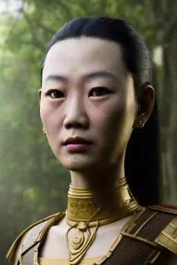 Thailand girl head portrait, warrior costume, village, meditation, woods, cyberpunk, 8k quality