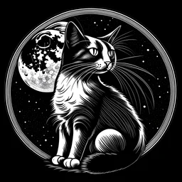 engraved black and white cat in front of moon