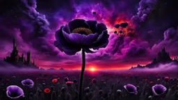 black poppy seed , purple poppy flower in the bloody sunset, on alien land, weird, surreal, complementer colors, fog, shadows, dead world, high detailed, far above on the dark sky is nebula, weird, surreal style, splash art