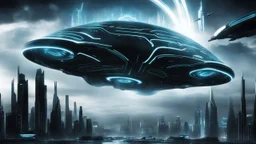 tron legacy movie, programs, space ships, city of the future, clouds, creatures