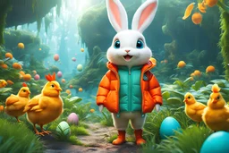 easter holidays, pixar art style of cute pixie smiling bunny with large eyes, little chicken, full body, fresh orange puffer jacket, Starwars factory backdrop, by mobeius, large eastern eggs, in the garden of Eden, stylized vegetation, turquoise water ground-level view, foggy atmosphere, hyper detailed, digital art, trending in artstation, cinematic lighting, unreal engine 5 rendered, octane rendered