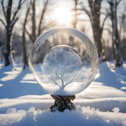 Frozen bubble in front of a snowy landscape, the bubble has wonderful icecrystals and the sun is shining, frozen, cold outside, swirley golden and silver lines, beads and pearls cover a tre trunk in the background