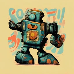 retro robot toy from the 80' having fun logo