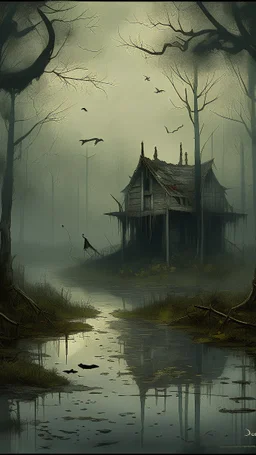 A swamp surrounded by bamboos long trees in cloudy, depressing, foggy, with a dim of light in the distance , there.is an abandoned cottage covered with leaves. A close look of strange scary creature sitting outside the cottage and black crows on the top of the cottage, Bruegel painting style
