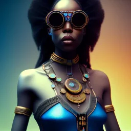 a black woman with blue crystal sunglases wearing a native dress, steam punk, realistic, made in octane, cinematic, ultra-realistic, extremely detailed octane rendering, 8K, VRAY Super Real ar 2:3, dof photorealistic futuristic 50mm lens hard lighting dark gray tintype photograph, realistic lighting