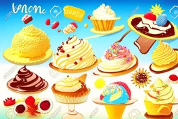 desserts in sunshine: ice cream sundaes, cakes, chocolates, macarons, floss candy, cookies, biscuits