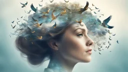 Magical secret on the top of a woman's head, in her hair, double exposure, high resolution, fine rendering, high detail, 3D, birds,