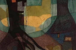 Patchwork nostalgia, a glamorous portrait , patina of ancient stone with moss, art brut, moody, somber, desaturated colors, in the style of Paul Klee, Arthur Rackham