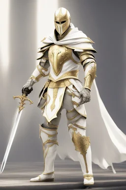 Knight wearing white and gold armor and white cape with white face mask, holding a two handed sword