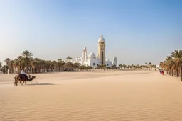 travel in the early age of Abu Dhabi. near Abu Dhabi island on your trusty camel, the sight of Maqta Tower comes into view, rising up from the desert landscape. This historic building serves as a beacon for travelers and merchants making their way across the desert and into the town. You approach the shallow low-tide crossing, and wave your hands to the guards that you see stationing at the base of the tower.