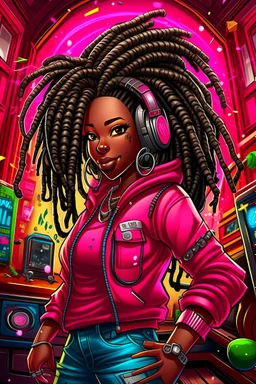 Create a digital airbrush cartoon of a curvy African American female wearing a hot pink jean outfit with timberland boots. Prominent make up with hazel eyes. She is wearing large diamond hoop earrings. Extremely highly detailed very long dread locs hair that shines. Background of a night club.