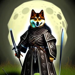 Sif from Dark Souls as a Shiba Inu, holding sword in his mouth