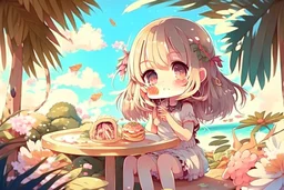 cute chibi girl eating in the paradise