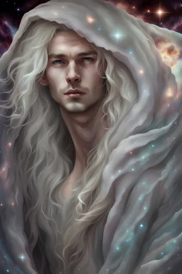 young male with flawless white skin, white eyes, long white hair, under a Cover designed with the universe, nebulas and pillars of creation