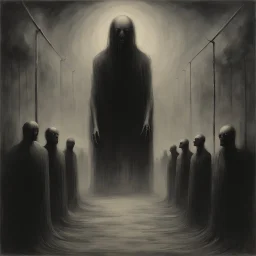 malignancy of nightmares depicting a fear of being alone and a conveyor belt of faceless heads, trading high on the Human Misery index, Style by Zdzislaw Beksinski and Stephen Gammell and Colin McCahon, surreal horror art, nightmarish atmosphere, dynamic composition, sfumato, dark colors, based on the imagery of Zdzislaw Beksinski