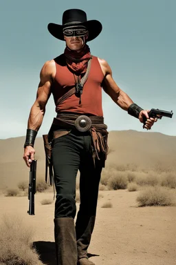 Full Color - Extremely muscular John Reid aka the LONE RANGER, extremely over exaggerated muscles, short, dark, crew-cut hair, large, curved down nose, large square chin, dark, intense eyes, light blue, skintight, formfitting cotton jumpsuit, red kerchief bandana, black venetian mask, double holstered utility belt, two Colt 45 caliber pistols, knee-high cowboy boo