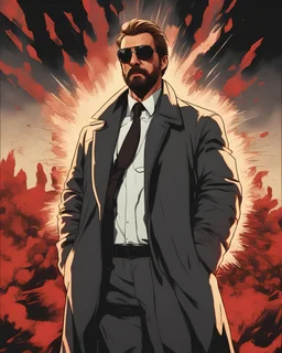 a young man with big muscles who looks like hans gruber wearing a heavy coat and red sunglasses staring with an irritated look on his face standing in front of a large explosion