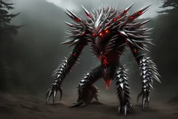 Humanoid creature made entirely of chrome spikes and blades and thorns. It's eyes are glowing red gems.