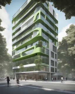 A 3D representation of a 10-story building in Bogotá for housing, commerce and office purposes. It has a modern neo-futufist architectural design with a mix of glass and concrete. There are shops on the ground floor. The upper floors contain residential units and office spaces. The building is surrounded by a green space with trees.