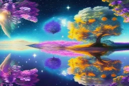 tree near the flowers, water reflection, galaxy, cosmos, science fiction, epic scene.