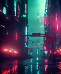 3D, beautiful, light reflecting, empty city, midnight, rainy night, neon, cyberpunk,