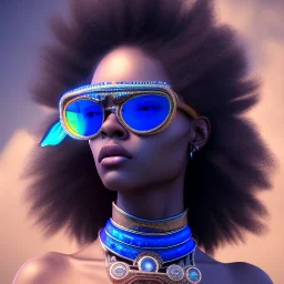 a black woman with blue crystal sunglases wearing a native dress, steam punk, realistic, made in octane, cinematic, ultra-realistic, extremely detailed octane rendering, 8K, VRAY Super Real ar 2:3, dof photorealistic futuristic 50mm lens hard lighting dark gray tintype photograph, realistic lighting