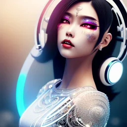 latin woman, Cyborg anime samurai, cyberpunk, white skin, light black hair, geisha hairstyle, cobalt eyes, blood in face, waist up portrait, 8k resolution, retroanime, intricate details, neon details, soft lighting, vibrant colors, masterpiece, intricate eyeliner, dark eyeshadow, eyes, intricate tattoos, gradient background