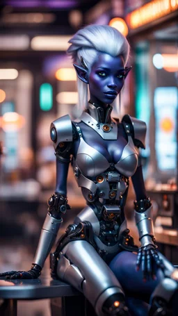 full body portrait of robotic dark elf drow princess chilling at the metro barber shop,bokeh like f/0.8, tilt-shift lens 8k, high detail, smooth render, down-light, unreal engine, prize winning