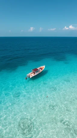 A boat on it a man and a women lost in the ocean top view