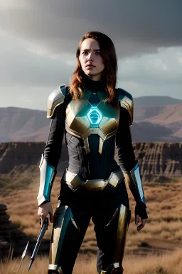 ultrarealistic, panoramic, concept art, strikingly beautiful (18 year old girl:1.2),_skimpy sci-fi armor_, Hair (long ginger:1.1), Face (freckles:1.2), body, medium breasts (light cleavage:1.2), tracing, ambient light, highres, (hyperrealistic:1.2), (perfect face:1.1), intricate (high detail:1.1) body, beautiful detailed eyes (emerald:1.3), _camera_, plump lips ,sci-fi theme, Model hash: ddc3021b