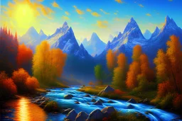 Sunny day, Mountains, river, rocks, impressionism painting